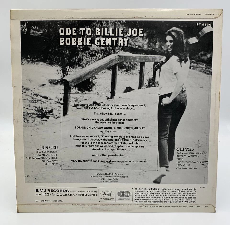 Bobbie Gentry Ode To Billy Joe LP Record UK Pressing Capitol ST 2830 Vintage EMI - Image 2 of 4