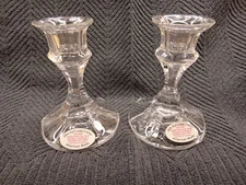 Pair USA Made 24% Clear Full Lead Crystal Taper Candlesticks Candle Holders Vtg