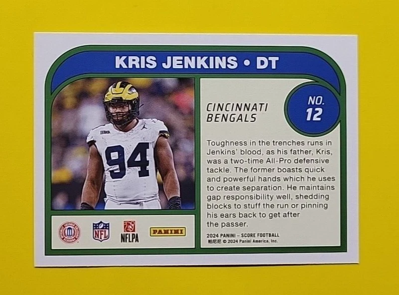 Kris Jenkins - Cincinnati Bengals - 2024 Score Football - Protential - RC - #12 - Image 2 of 2