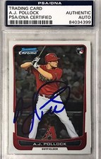 2012 Bowman Chrome AJ Pollock Arizona Diamondbacks Signed Auto RC Card PSA/DNA A
