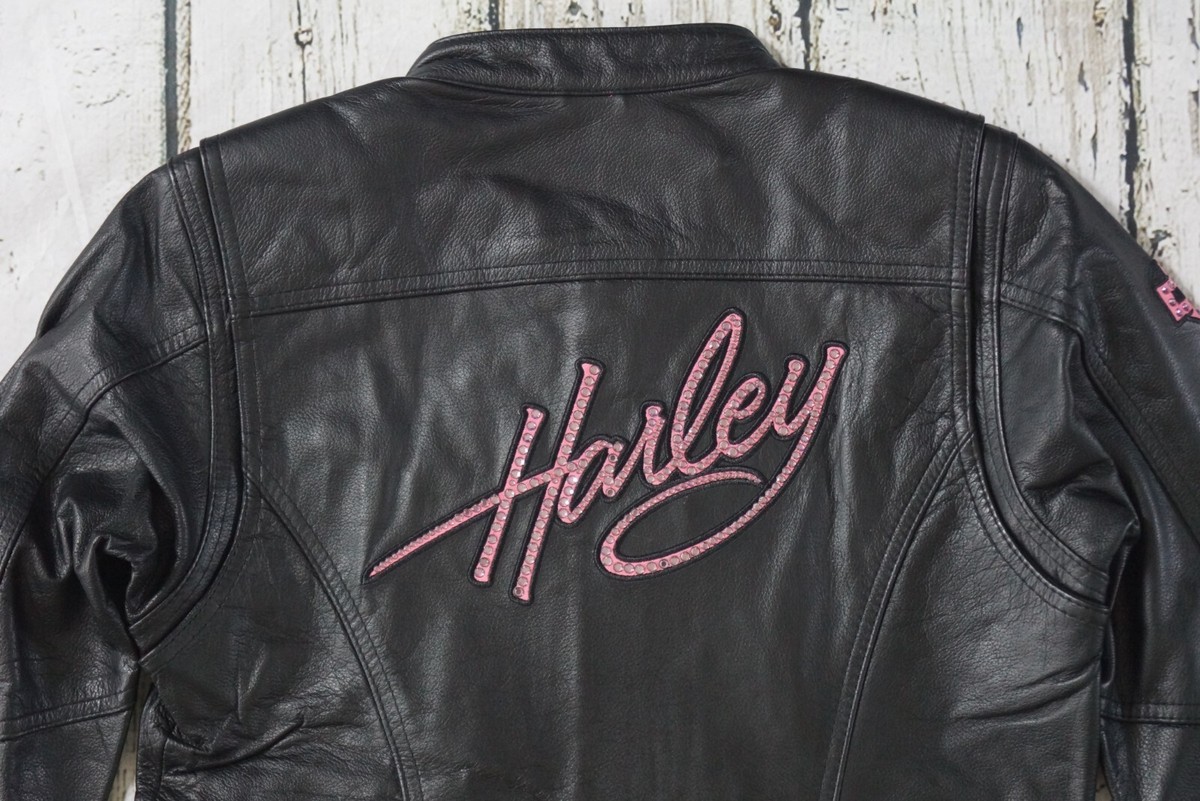 Harley Davidson Women Pink Label Crystal Black Leather Biker