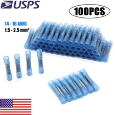 100Pcs 14-16AWG Blue Wire Butt Connectors Heat Shrink Waterproof Splice Terminal