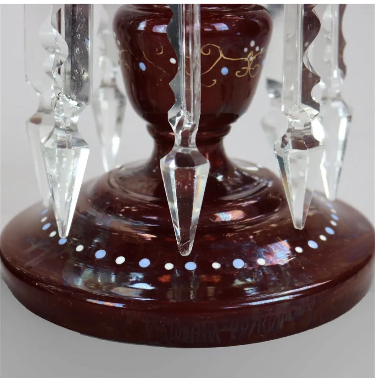 PAIR OF ANTIQUE VICTORIAN DECORATED ART GLASS MANTEL LUSTERS WITH