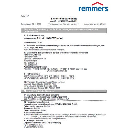 REMMERS ECO AQUA HWS-712 20 LTR Hartwachs-Siegel 1K-Versiegelung Holz Innen - Bild 2 von 5