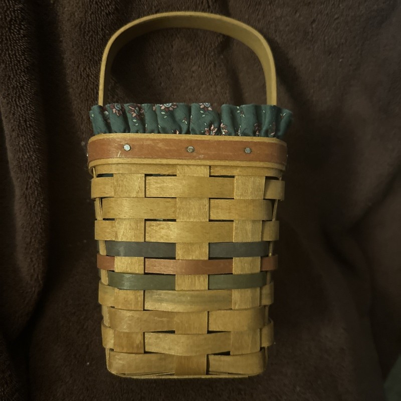 1992 Longaberger Basket, Small Spoon, fixed handle, liner, protector