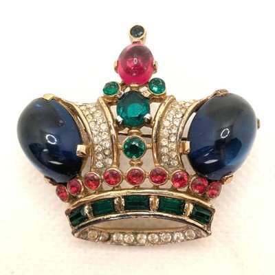 1944 TRIFARI VERMEIL STERLING RUBY CABOCHON SAPPHIRE ROYAL KING CROWN BROOCH