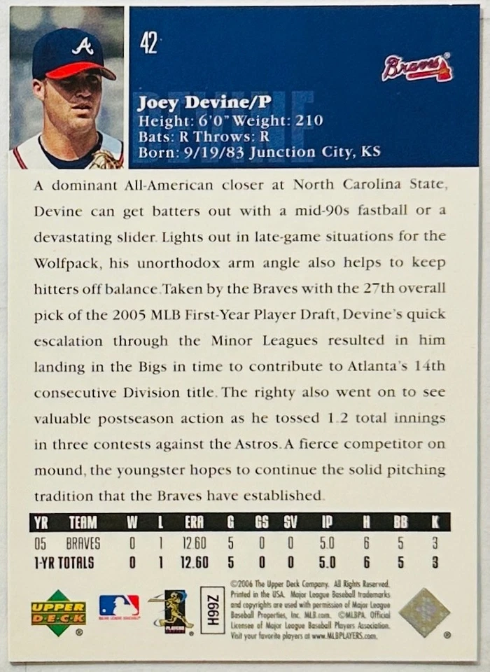 2006 Upper Deck Joey Devine #42 Rookie RC Atlanta Braves - Image 2 of 2