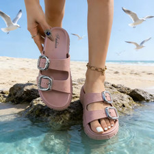 ladies trendy sandals open toe slip-on casual summer shoes.