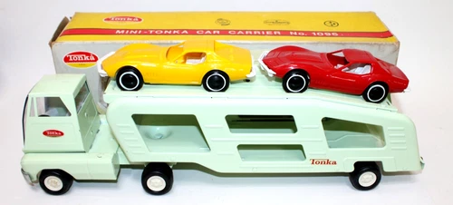 Mini Tonka 1096 Pressed Steel Car Carrier w 2 Corvettes VNM Boxed Light Green