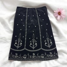 Black A-Line Midi Skirt Embroidered Sequin Fairy Goth Romantic Dark Whimsy Y2K S
