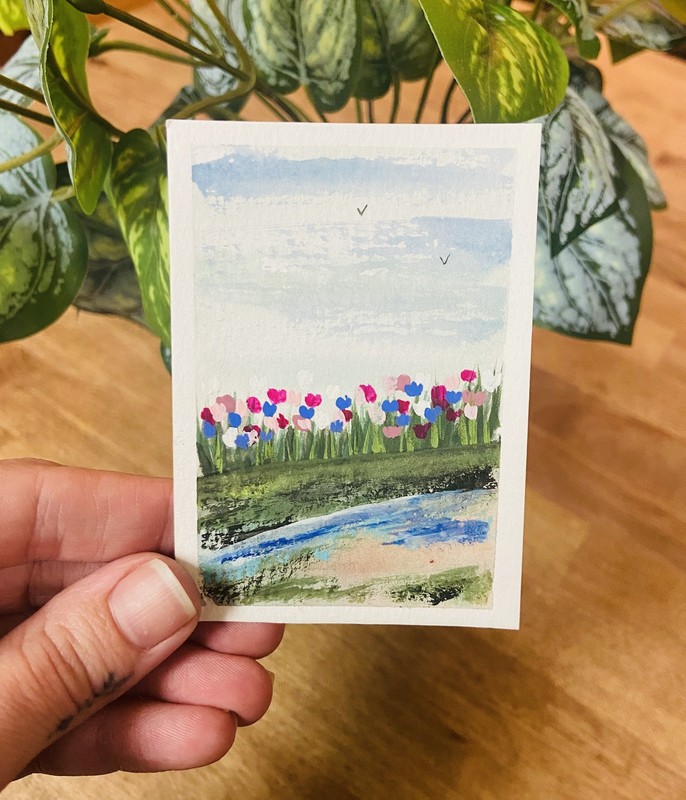 ACEO Original Art Miniature Card  River landscape floral Gouache  -Andrea baker