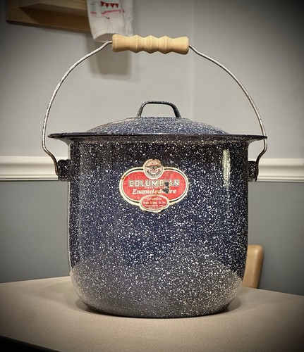 Stockpot smaltato colombiano blu maculato con coperchio e manico singolo - Foto 1 di 11