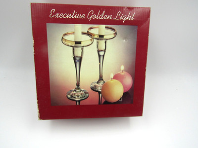 Pasabahce Art Of Glass Golden Light Gold Rim Glass Candle Stick Holder Pair