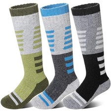 Kids Merino Wool Ski Socks 3 Pairs Boys Girls 8-12 Years Grey/Black/Green