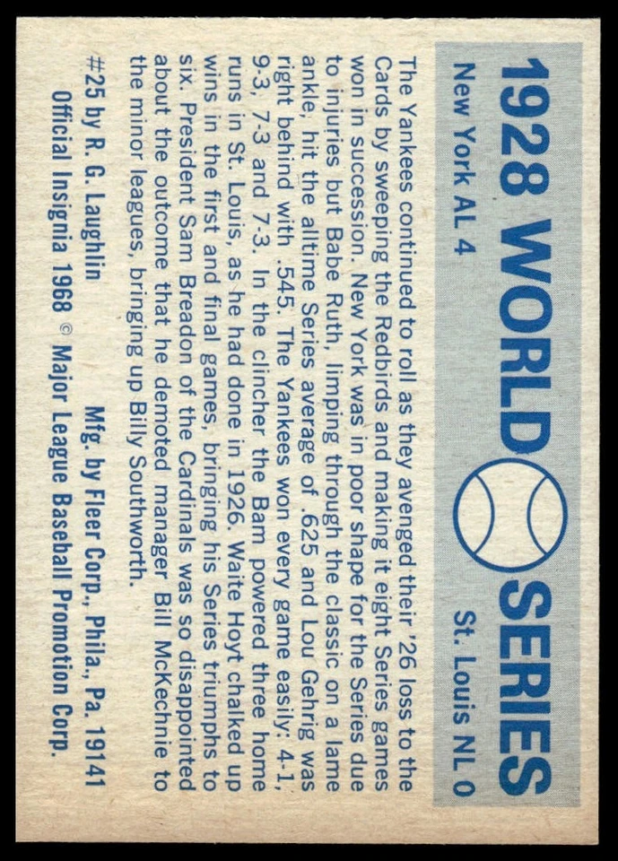 1970 Fleer World Series #25 1928 Cardinals Yankees - Babe Ruth Gehrig - Image 2 of 2
