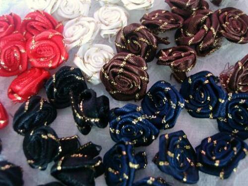 50 Gold Trim Satin Ribbon Flower Rose/red/black/white/navy/brown/sewing/bow F15 - Picture 1 of 2