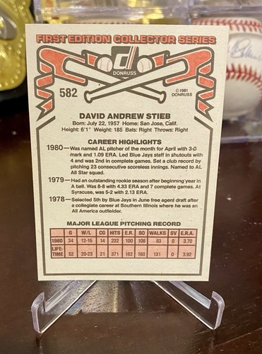 1981 DONRUSS DAVE STIEB #582 1st EDITION COLLECTOR SERIES *MINT* - Bild 2 von 2