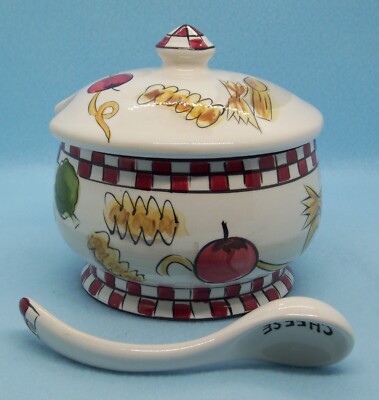 Tabletops Gallery Pasta 101 Parmesan Pot W/Spoon Covered Hand Painted & Crafted