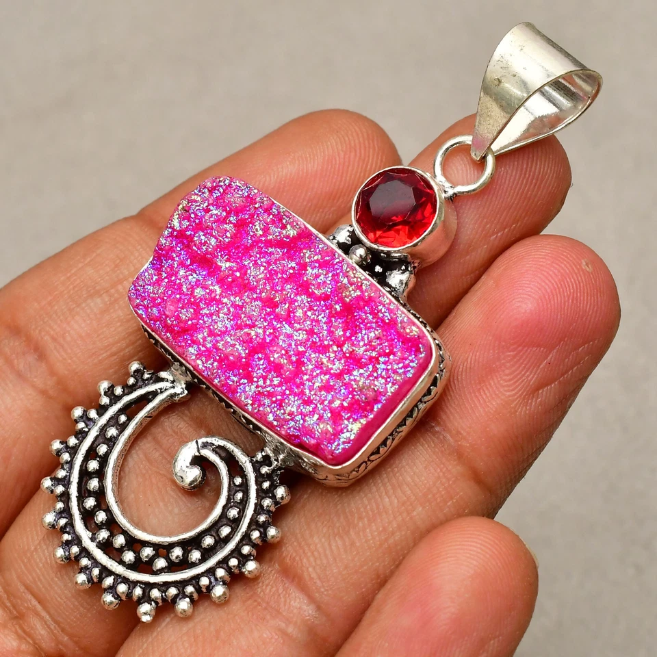 Titanium Druzy Gemstone Handmade 925 Sterling Silver Jewelry Pendant 2.59" - Image 2 of 4