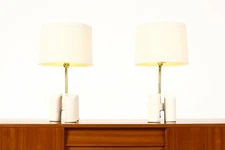 Geometric Brutalist Stoneware Table Lamps — White Stoneware —  Brass — Pair