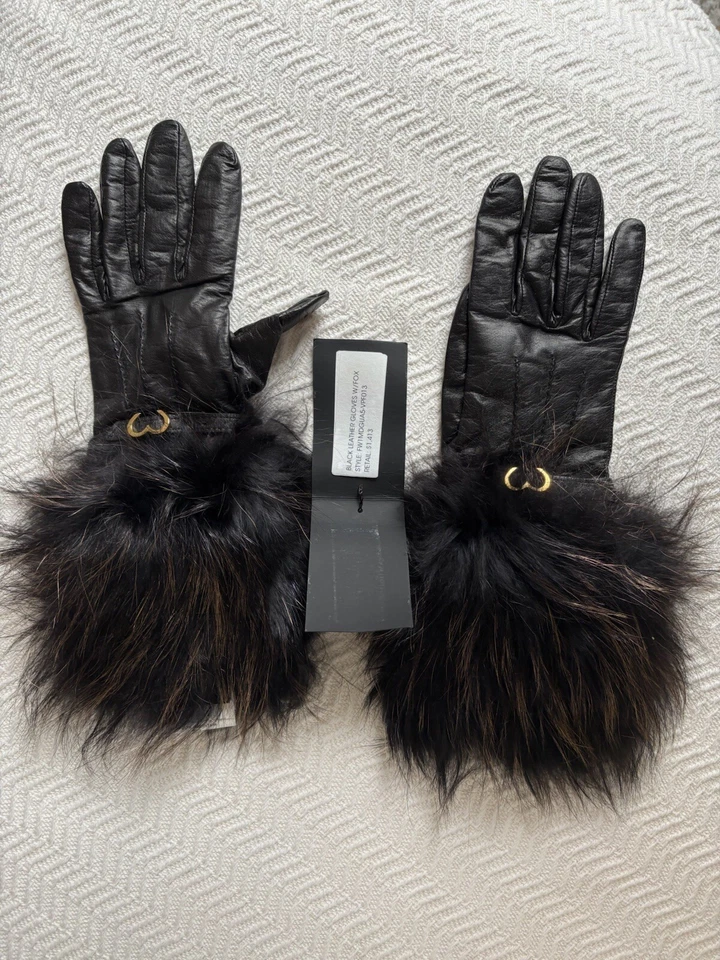 Guantes de cuero negro/cachemira de piel de zorro real Mipiaci nuevos con etiquetas venta al por menor $1,413 Foto 3 de 4