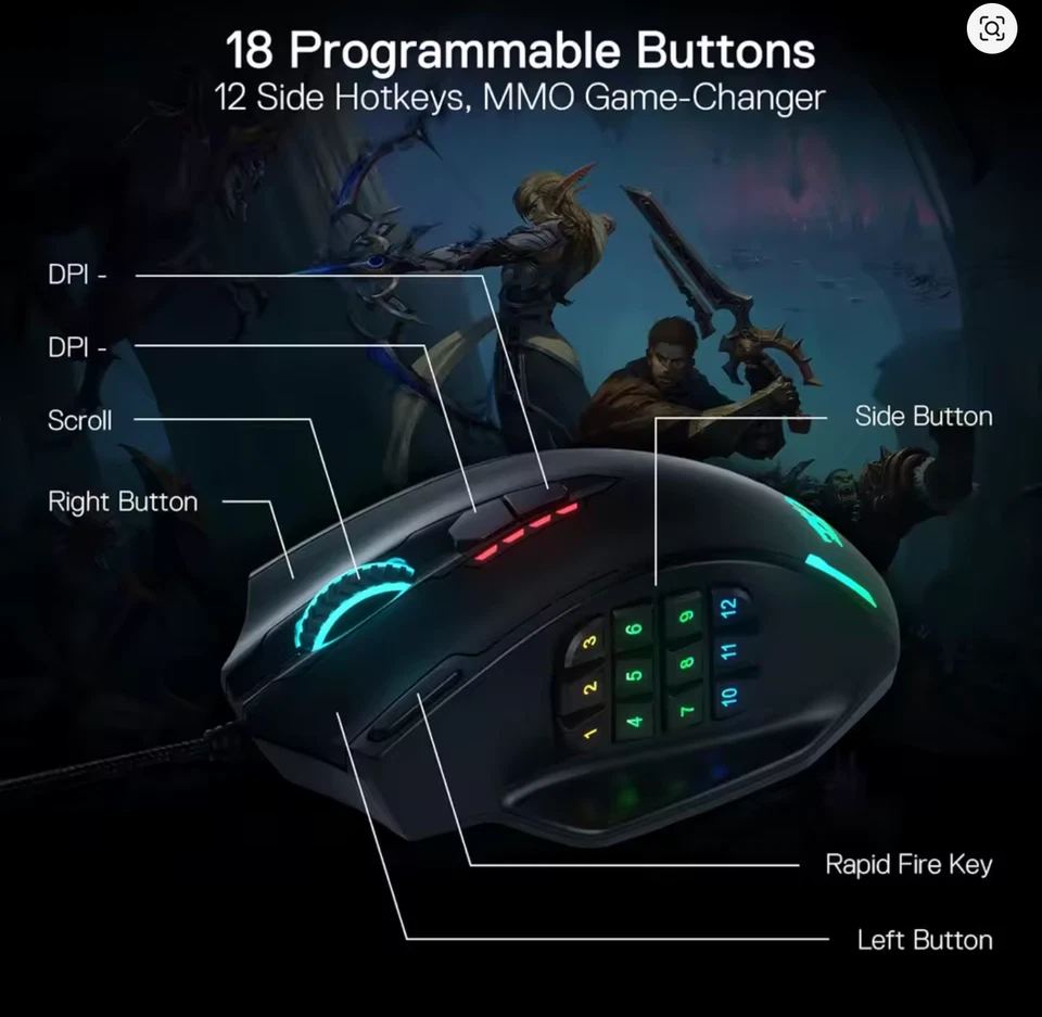 Redragon M908 Wired Gaming Mouse RGB LED 18 Buttons 12400 DPI Laser USB PC Mac - Image 4 of 4