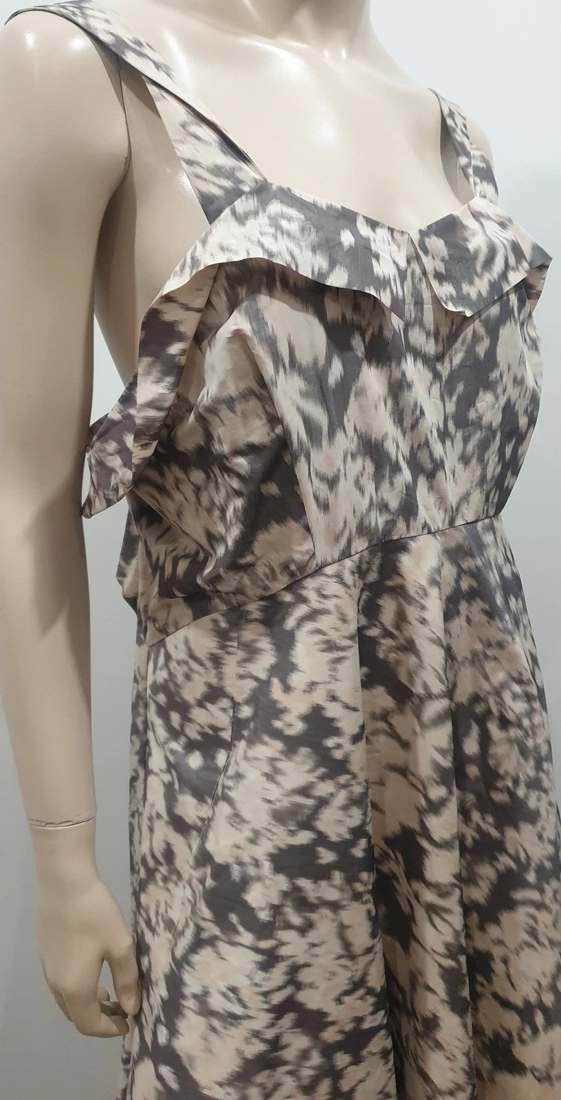 ACNE STUDIOS Abito ACNE panna e marrone sbavature stampa astratta senza maniche linea A lunghezza polpaccio 38