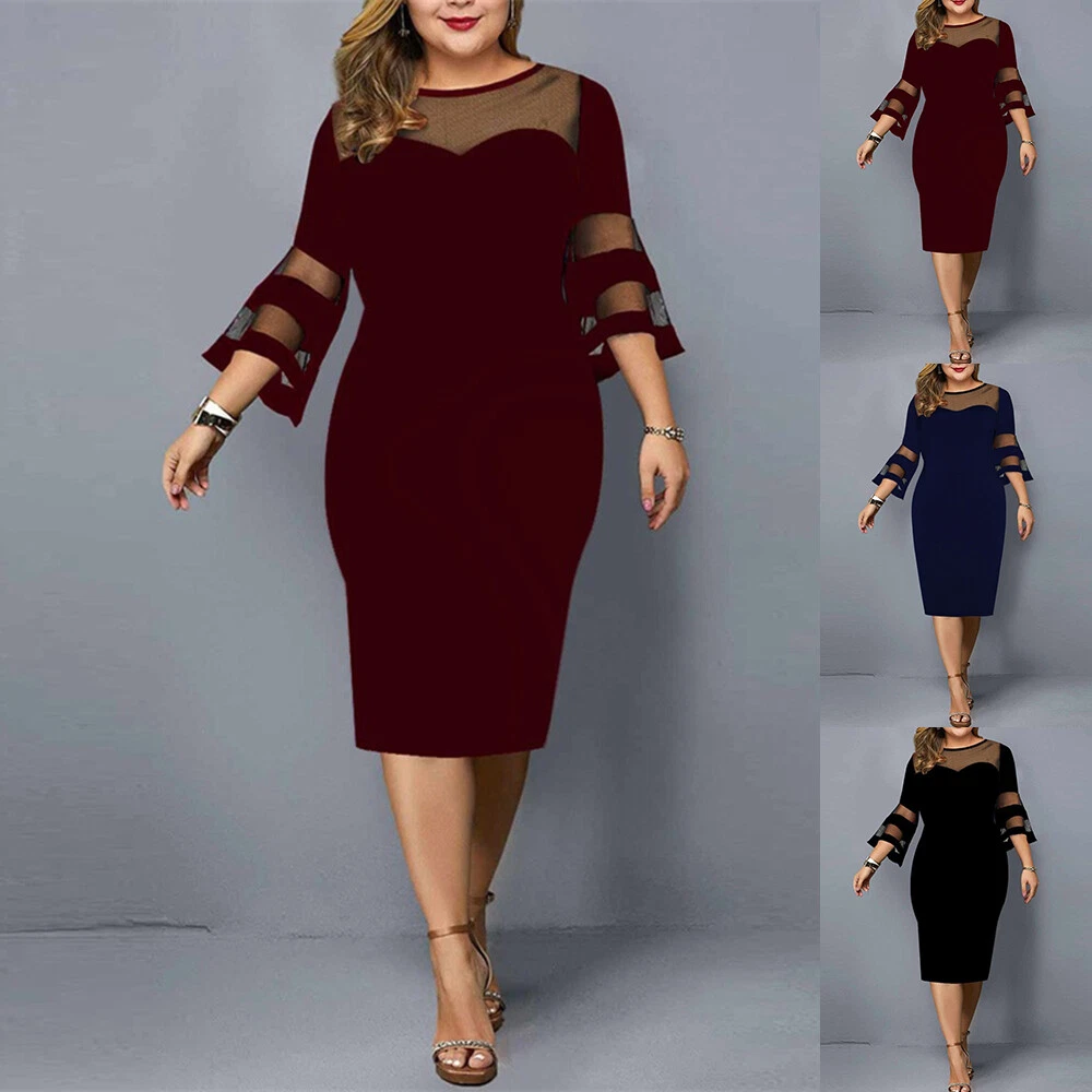 Plus Size Women Lace Mesh 3/4 Sleeve Bodycon Midi Dress Cocktail Club Party  Gown | eBay