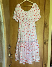 LoveShackFancy White Pink Floral Midi Dress L Puff Sleeve Square Neck Smocked