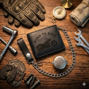 Genuine Cowhide Leather Biker Bi-Fold Wallet With 12" Chain Born To Ride