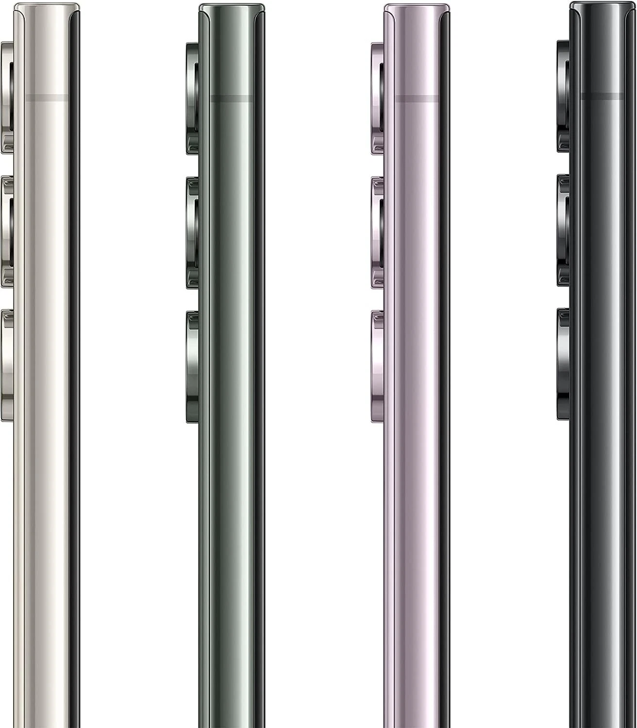 Side view of four Samsung Galaxy S23 Ultra 5G models in silver, green, pink, and black, showing camera lenses and finish.