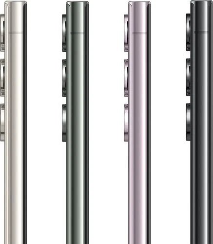 Side view of four Samsung Galaxy S23 Ultra 5G models in silver, green, pink, and black, showing camera lenses and finish.