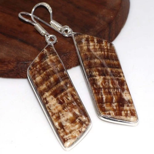 925 Silver Plated Aragonite Jewellery Earrings Handmade Gemstone Size 2.5" GW