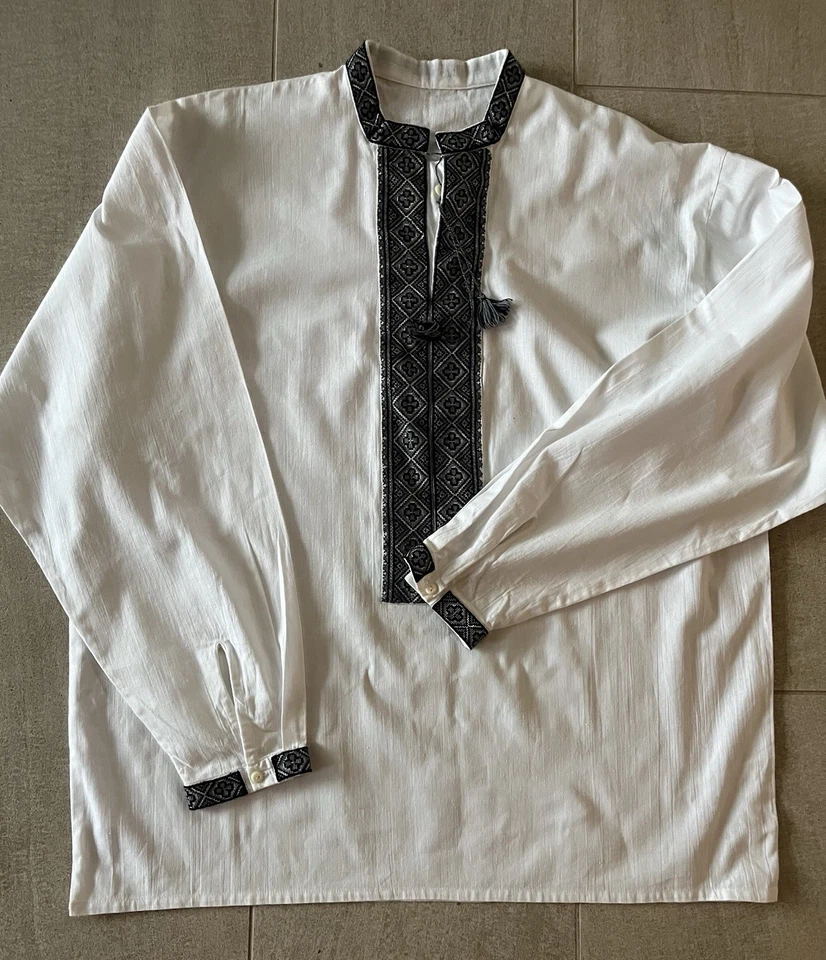 Ukrainian Vyshyvanka Linen XXL Gray Black Embroidery Handmade Long Sleeve Shirt - Image 2 of 4