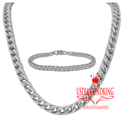 Real White Gold Silver Simulated Diamond Franco Cuban Chain Bracelet