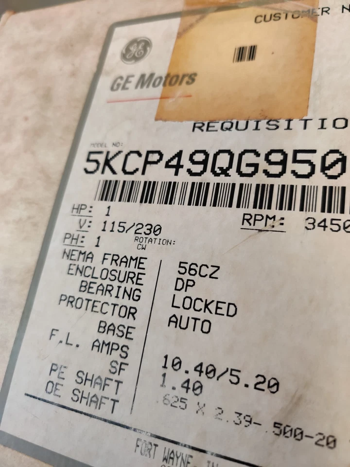 GE 1 Hp Ac Motor 115/230 Volts 3450 Rpm 1P 56Cz 60 Hz DP .625 x 2.39 1/2-20 thd - Image 3 of 4