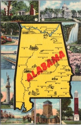 Vintage 1940s ALABAMA Stat Map / Multi-View Greetings Postcard - Curteich Linen