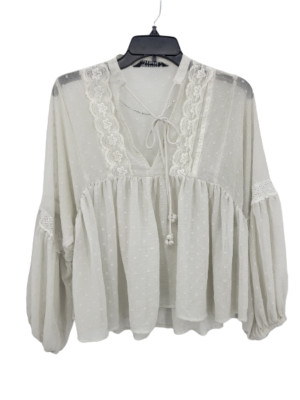Zara Top Womens Medium Ivory Lace Neck Tassel Tie Lantern Sleeve Flowy Boho