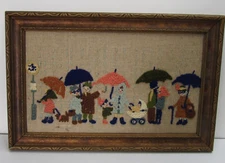 Vintage Embroidery Picture Finished Framed Naive Primative Bus Stop People Rain
