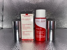Clarins Super Restorative Day Cream-Body Fit-Lipstick/Raspberry Travel Lot of 4