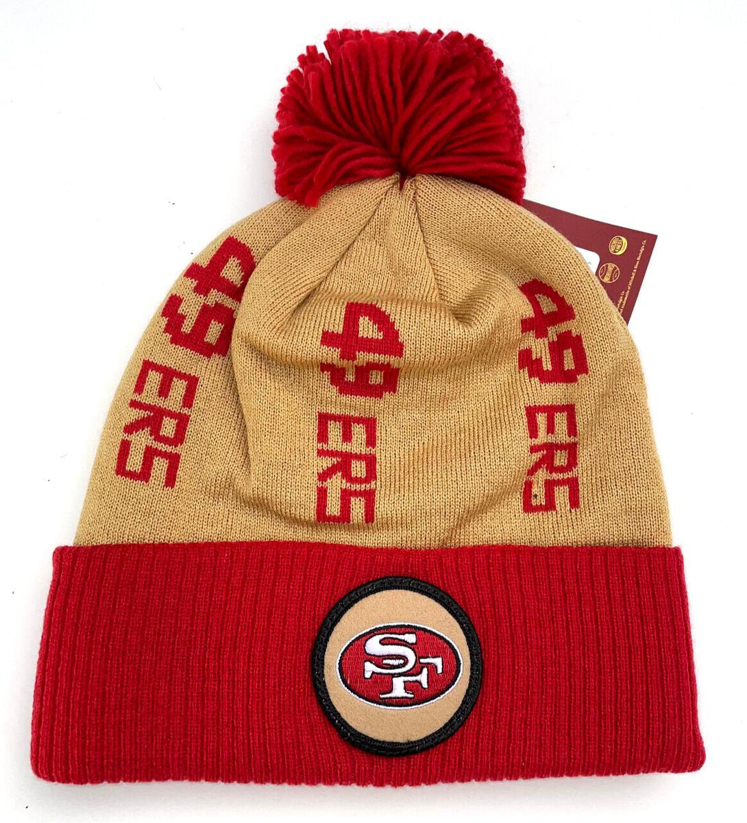 49ers Red and Gold Team Logo Pom Pom Lined Beanie NWT San Francisco 49ers Primary Logo Stripe Pom Beanie FOCO main image 3