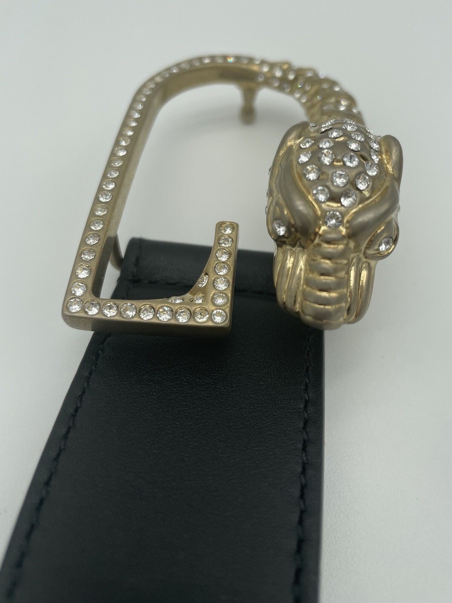 $800 GUCCI WOMEN'S BLACK CRYSTAL TIGER HEAD LEATHER BELT 90