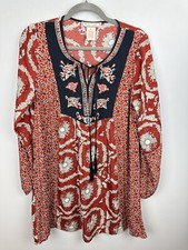 Flying Tomato Dress Womens Medium Boho Tropical Print Mini Tunic Red Blue DV