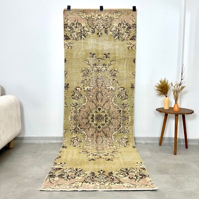 3x9 Vintage Turkish Oushak Runner, Green Khaki Rug, Handmade Wool, Bohemian Rug