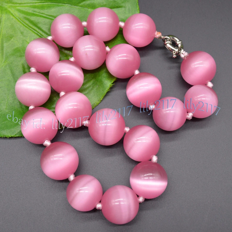 Huge 20mm Pink Opal Cat's Eye Gems Round Beads Necklace 18'' Bracelet 8-8.5'' - Image 3 of 4