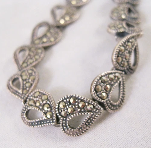 Vintage Art Deco Style Marcasite Heart Sterling Silver Bracelet 7 3/4" Jewelry