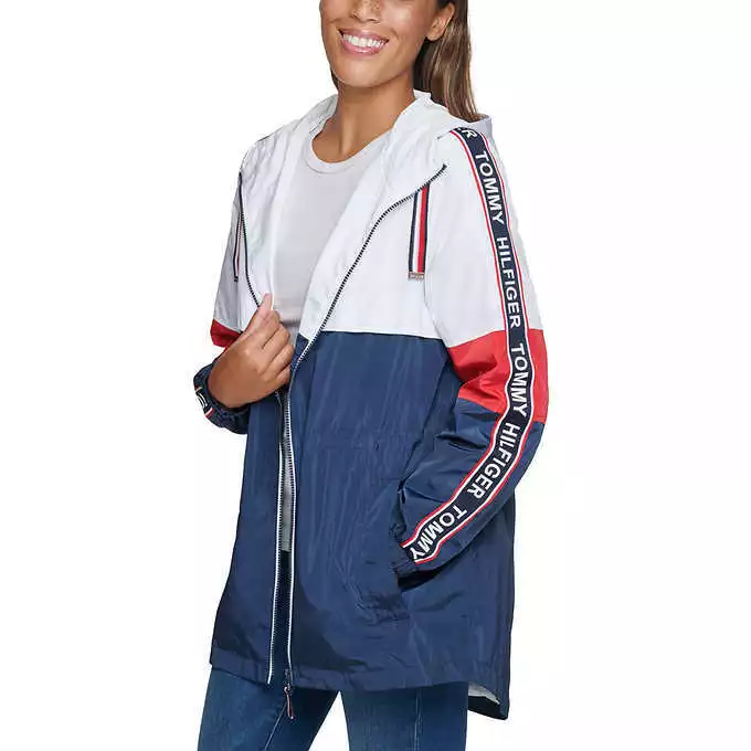 Tommy Hilfiger womens Anorak Windbreaker Jacket Blue White Logo Sleeve Taping