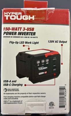 Hyper Tough 150-Watt Power Inverter 3 USB A & C Ports Work Light (Tool Only) NEW