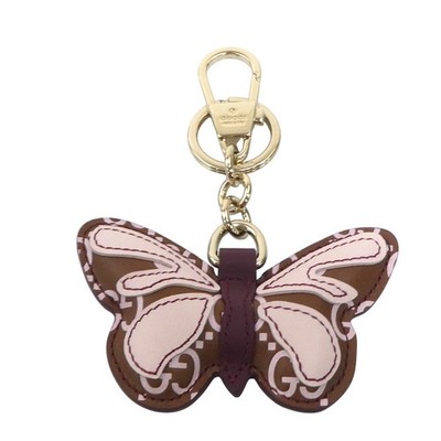 Auth GUCCI Butterfly Motif Key Ring Charm Brown/Pink/Gold Leather/Metal - 56680k