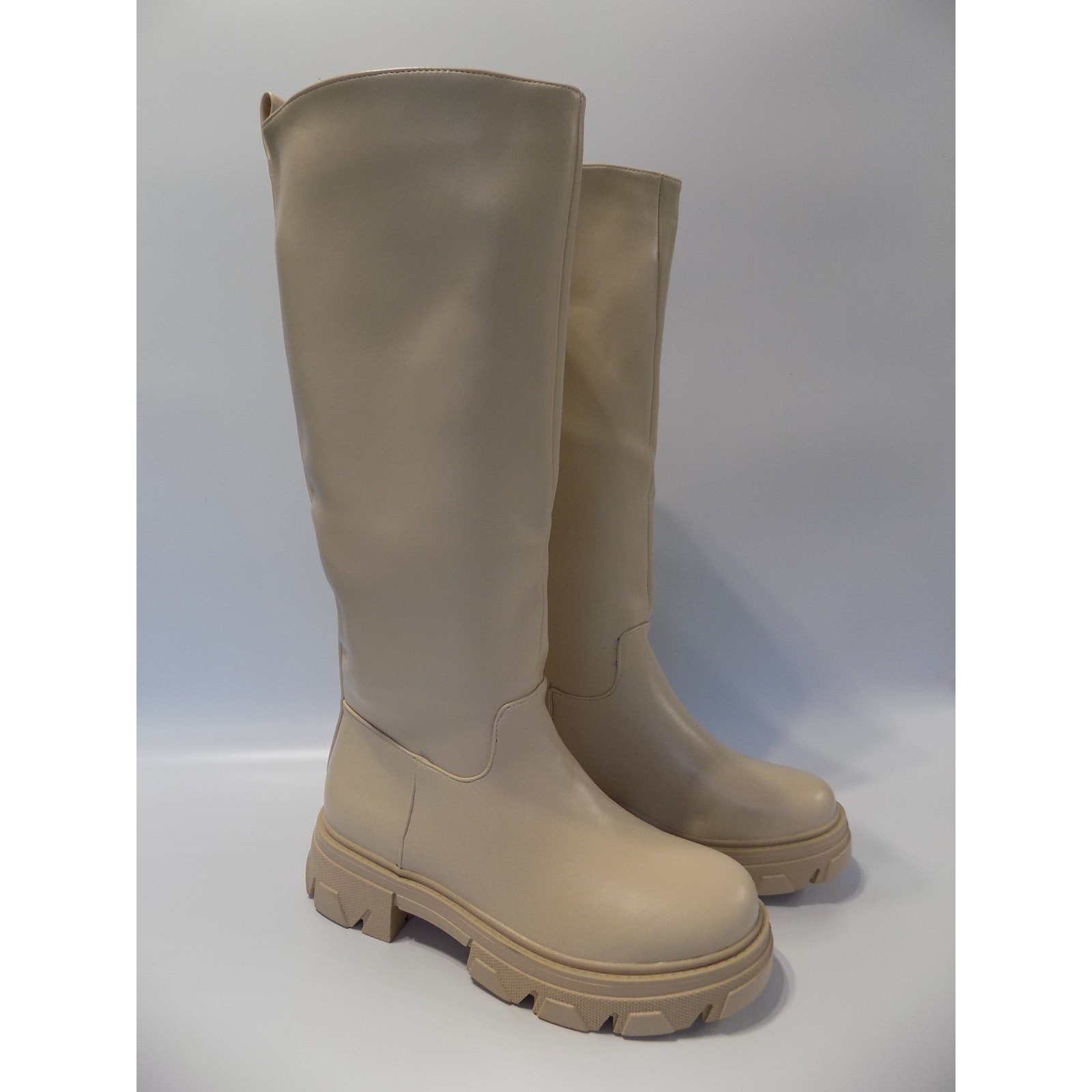 SAOLA Stivali al ginocchio beige taglia 4 EU 37 donna suola grossa plateau basso biker combattimento